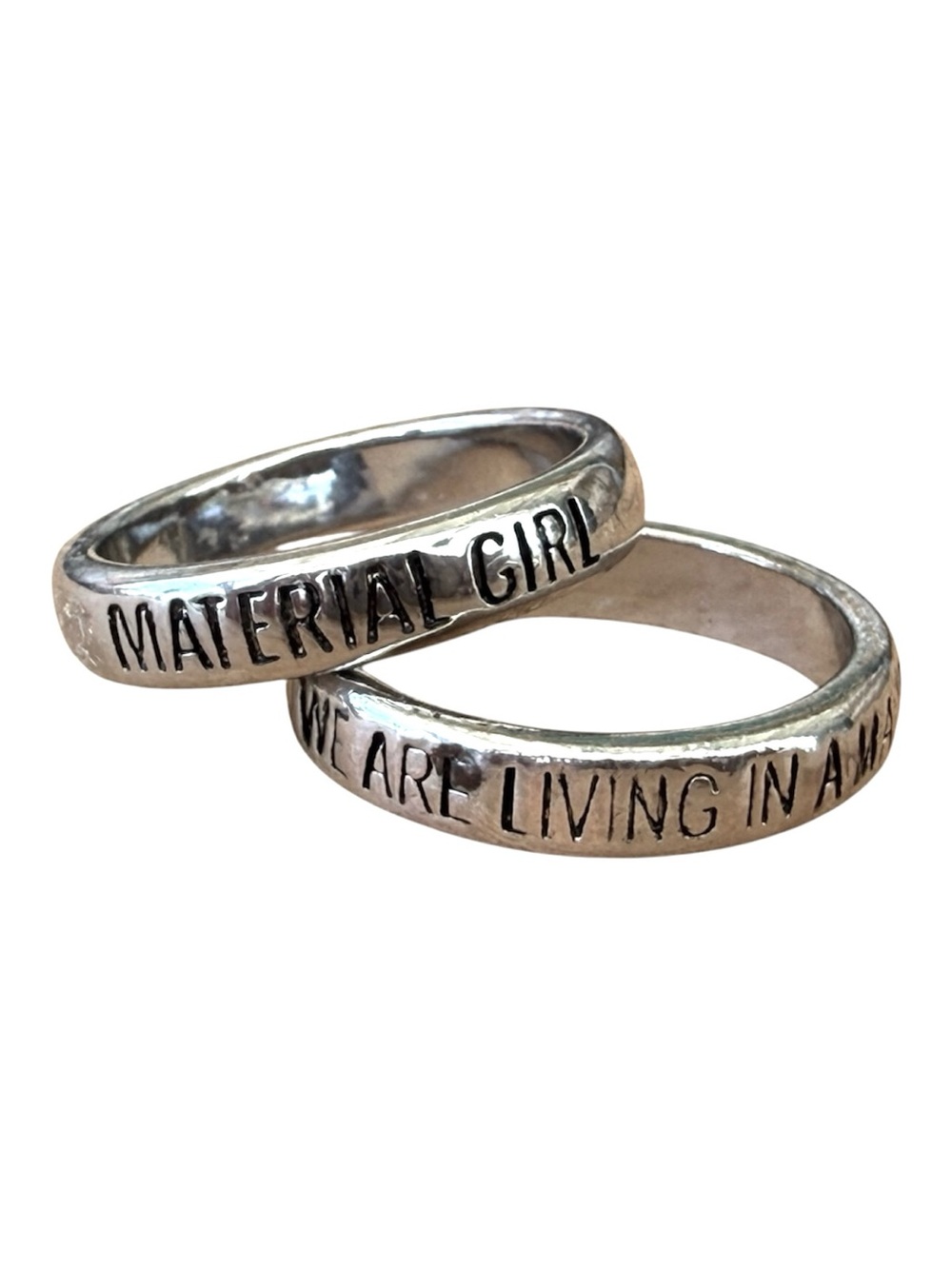 Silver Tone “Material Girl" Engraved Stacking Rings - Set of 2